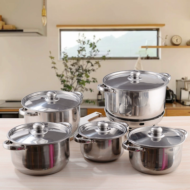 Amazon cross-border ten-piece stainless steel soup pot set gold-plated double-eared soup pot silver pot set with lid - Image 3