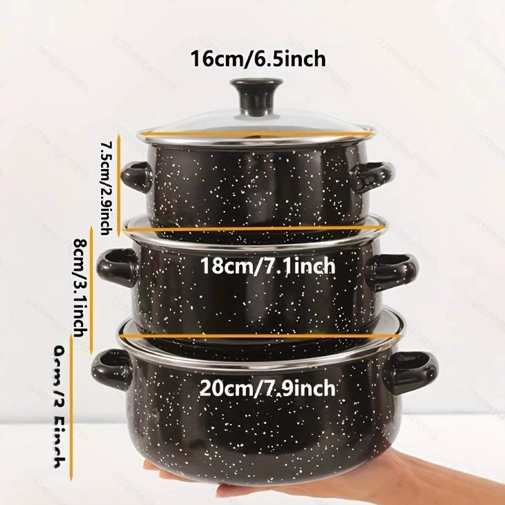 Three-piece set of enamel soup pot with two ears, enamel black pitted European and American export enamel retro cooking pot, one piece