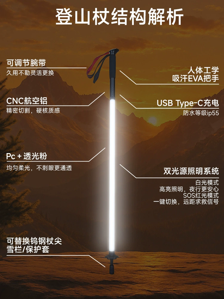 Luminous trekking poles, outdoor hiking professional equipment, portable outdoor lightweight, super tough, break-proof hiking poles - Image 2
